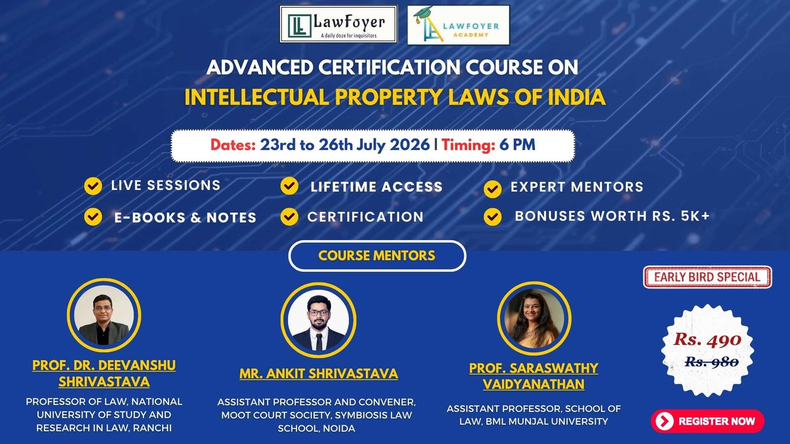 IPR vertical Blue banner advertising Advanced Certification Course on Intellectual Property Laws of India, dates July 23–26, 2026, at 6 PM.