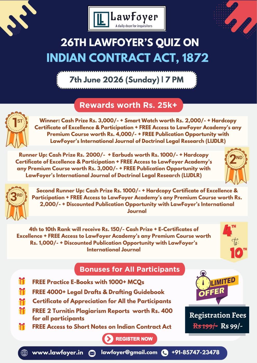 Poster announcing 26th LawFoyer quiz on Indian Contract Act, 1872, with date, prizes, bonuses, and registration details.