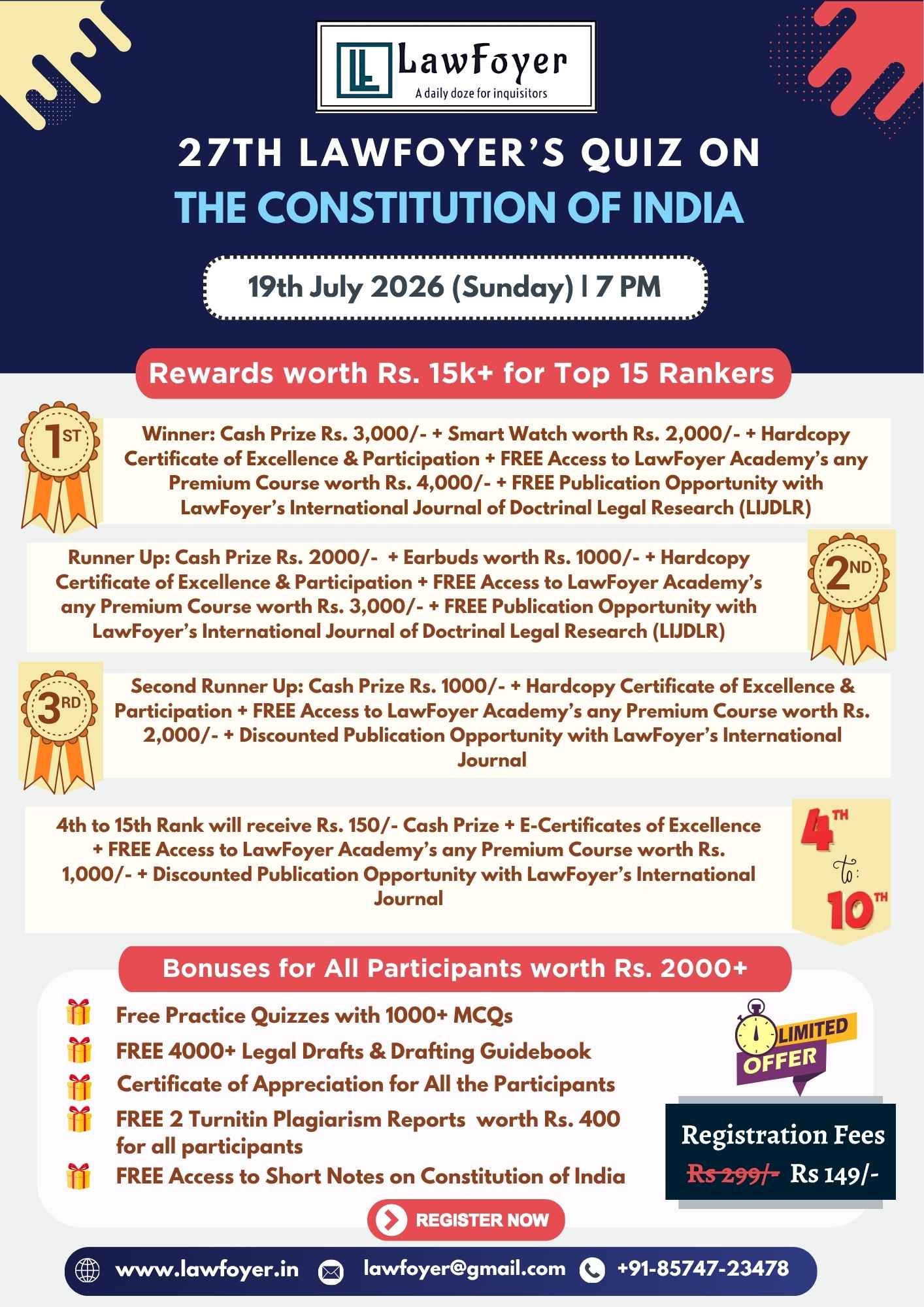 LawFoyer quiz poster: bold title 'The Constitution of India', date 19 July 2026, 5 PM, with top-15 rewards details.