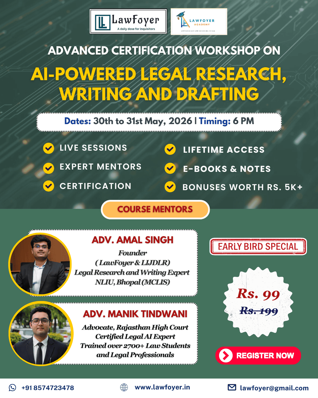 Poster advertising an AI-powered legal research workshop with dates May 30–31, 2026 and 6 PM timing, including mentors and registration.