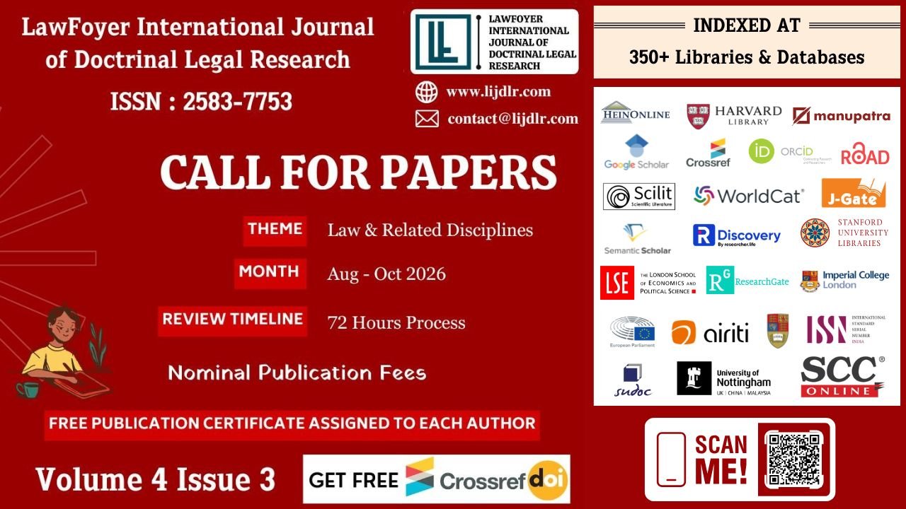 Red poster advertising Call for Papers from LawFoyer International Journal with ISSN and submission details (Aug–Oct 2026).