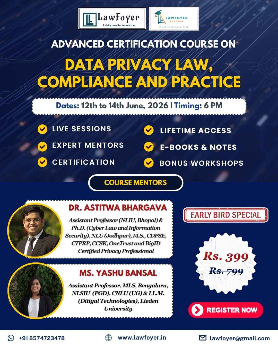 Poster for Advanced Certification Course on Data Privacy Law; dates June 12–14, 2026, 6 PM, with two mentors and Early Bird Rs. 399.